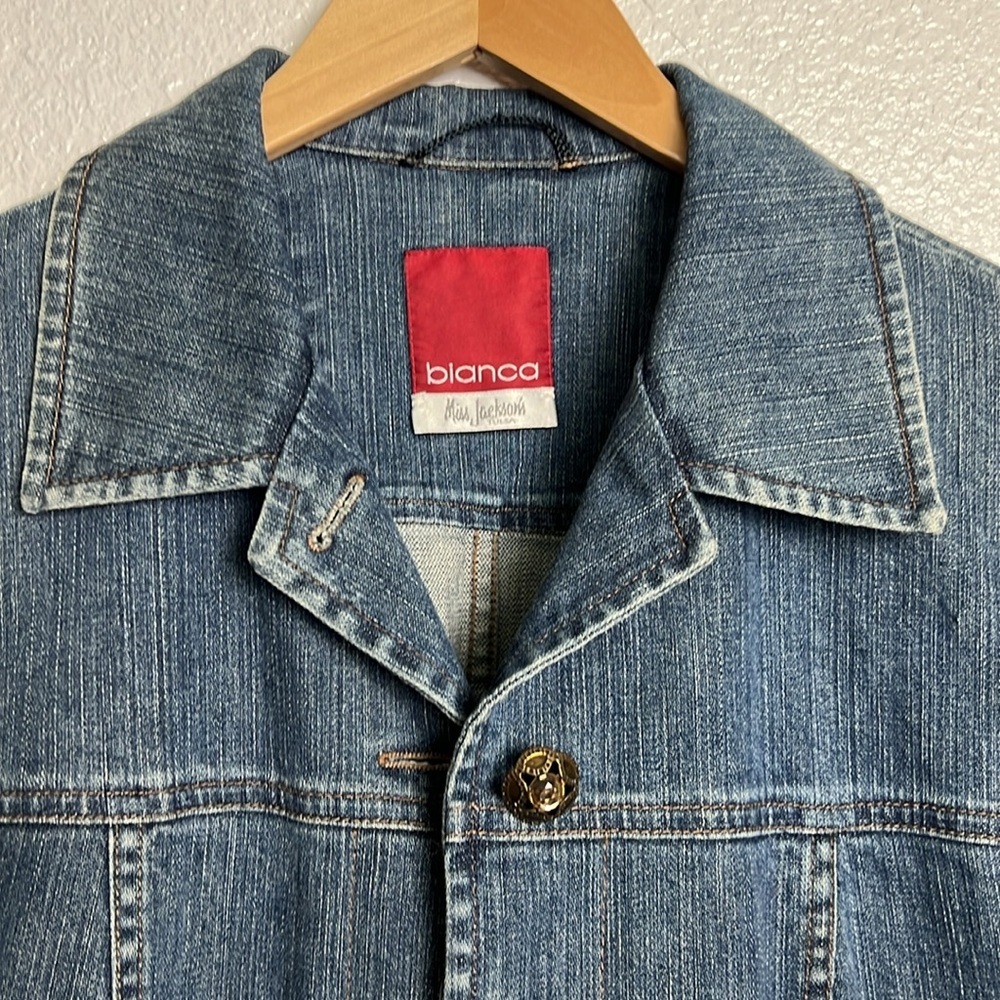 Vintage Bianca Denim Jacket Fringe Metal  Ornate Buttons Yellow stones Boho 10 - Picture 11 of 12